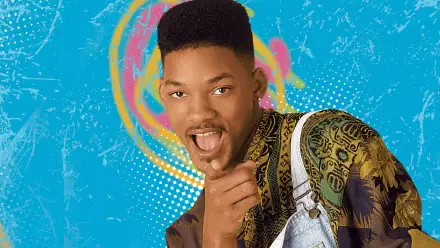 4K Ultra HD PC desktop wallpaper inspired by The Fresh Prince of Bel-Air: young man with high-top fade pointing playfully against a neon graffiti-blue background.