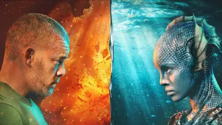 The War Between the Land and the Sea: 4K Ultra HD PC desktop wallpaper and background showing a fiery man and a water‑dwelling humanoid in a dramatic face‑off, split orange fire and blue ocean.