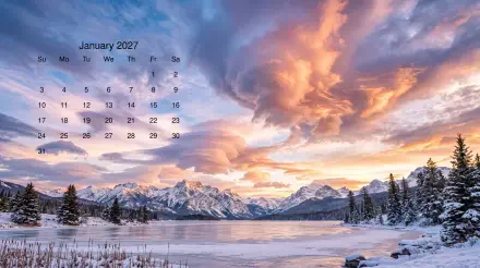 January 2027 calendar on a 5K Ultra HD PC desktop wallpaper: snow-capped mountains reflected in a frozen lake at sunrise.