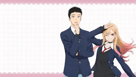 My Dress-Up Darling anime 4K Ultra HD PC desktop wallpaper and background showing two high-school students in navy uniforms — a thoughtful boy and a smiling girl with pink-tipped hair on a pale patterned backdrop.