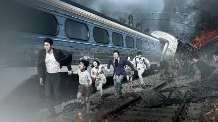 Train to Busan 4K Ultra HD PC wallpaper: passengers sprint along tracks away from a derailed, smoking train amid flames, debris, and a smoky, chaotic night scene.