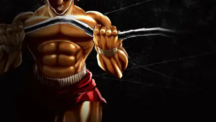 Baki (2018) HD PC desktop wallpaper: close-up of a muscular fighter ripping a chain across his chest against a dark, scratched textured background.