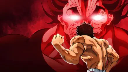 Baki (2018) HD PC desktop wallpaper and background: muscular Baki seen from behind, fists raised, confronting a towering red demonic figure with glowing eyes.