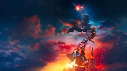 Doctor Who (2023) 2K Quad HD PC desktop wallpaper showing the Doctor suspended in fiery clouds, the TARDIS above and a silhouetted city below in vivid sci‑fi colors.