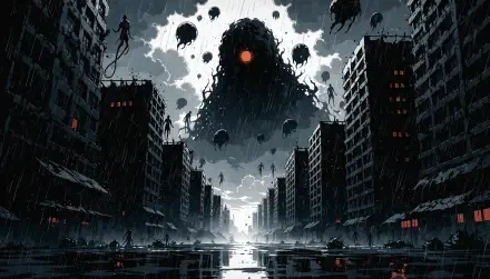 Dark anime 4K Ultra HD PC desktop wallpaper and background: rain-slicked ruined city with a colossal shadowy monster and a single glowing red eye looming over skyscrapers.