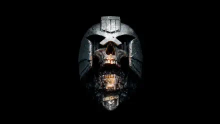 Dredd: cracked metallic helmet revealing a rotting skull, high-contrast close-up on black — 8K Ultra HD PC desktop wallpaper and background.