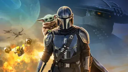 The Mandalorian & Grogu stand before explosions, starships and a moonlit sky — Star Wars 4K Ultra HD PC desktop wallpaper/background.