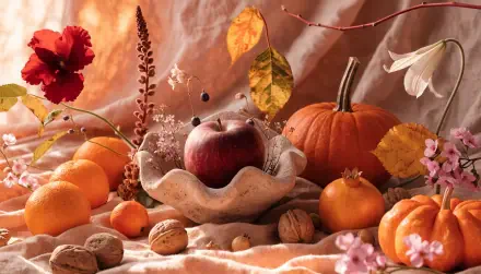 4K Ultra HD PC desktop wallpaper and background showcasing an Autumn still life of pumpkins, an apple, assorted gourds, fallen leaves and walnuts on a warm fabric backdrop.