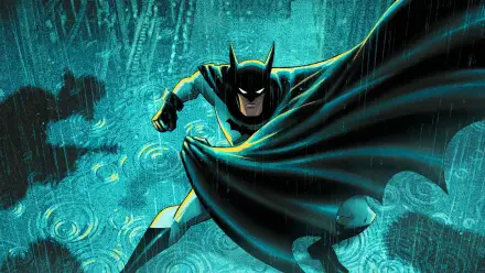 Batman: Caped Crusader 4K Ultra HD PC desktop wallpaper — Batman plunges through driving rain, cape billowing across a teal cityscape with rippling water below.