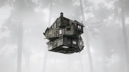 Surreal floating dilapidated cabin in a misty pine forest — The Cabin In The Woods, 4K Ultra HD PC desktop wallpaper/background.