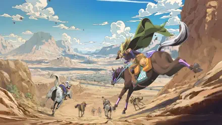 Steel Ball Run 4K Ultra HD PC desktop wallpaper — dynamic desert canyon horse race with riders charging past cliffs beneath a wide, cloud-streaked sky.