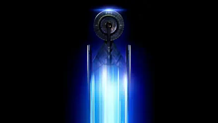 Star Trek: Discovery 4K Ultra HD PC desktop wallpaper/background: USS Discovery silhouette with vertical blue warp beams and glowing Starfleet emblem on a black backdrop.