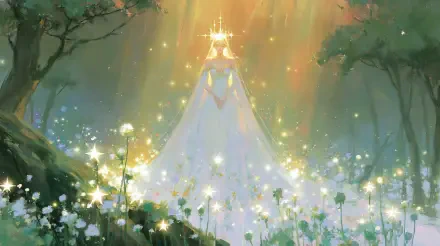 2K Quad HD PC desktop wallpaper: a fairy princess in a glowing gown and crown, standing in an enchanted forest as sparkles and wildflowers surround her.