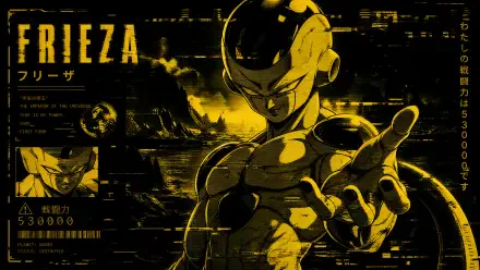Frieza (Dragon Ball) in a striking gold-and-black cyber cityscape, outstretched hand and smirk, high-contrast 4K Ultra HD PC desktop wallpaper/background