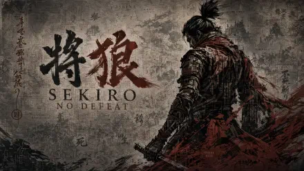 4K Ultra HD PC desktop wallpaper: Sekiro: No Defeat — lone samurai warrior in tattered armor, katana drawn against a dark textured background with game title and Japanese calligraphy.