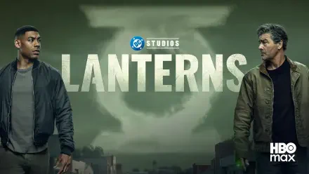 HD PC desktop wallpaper for Lanterns (2026) TV show: two men face off beneath a giant lantern emblem and title over a muted green cityscape, HBO Max logo.