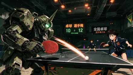 4K Ultra HD PC desktop wallpaper/background — Anime table tennis showdown: a glowing-eyed mecha returns a shot against a determined teenage player in a dramatic indoor arena.