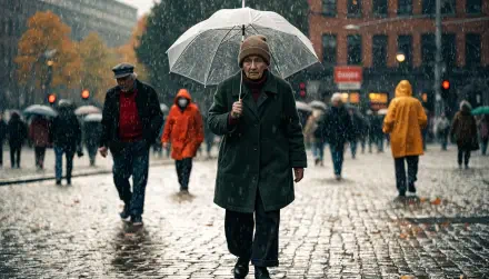 4K Ultra HD PC desktop wallpaper and background: man under an umbrella walking through rain on a wet cobblestone street, pedestrians in colorful coats and blurred city buildings behind.
