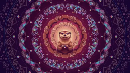 4K Ultra HD PC desktop wallpaper and background — whimsical mandala with a smiling otter‑sloth character at center, surrounded by concentric rings of leaves and geometric patterns in purple tones.