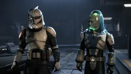 HD PC desktop wallpaper and background featuring two armored Star Wars soldiers from the video game Star Wars: Zero Company standing in a dim industrial hangar
