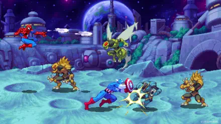 HD PC desktop wallpaper and background from the video game MARVEL Cosmic Invasion showing Captain America and Spider-Man battling alien insectoid foes on a neon lunar cityscape.