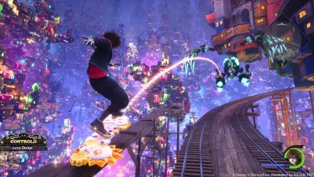 4K Ultra HD PC desktop wallpaper: Kingdom Hearts IV (Kingdom Hearts video game) scene of a protagonist on a glowing skateboard leaping through a neon, floating cityscape.