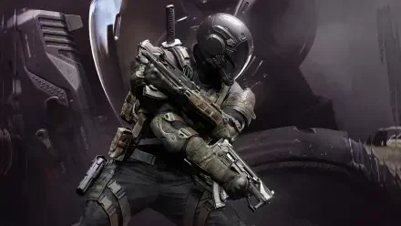 Futuristic armored soldier from Call of Duty: Black Ops 7 grips a pistol across his chest against a dark sci‑fi backdrop — 2K Quad HD PC desktop wallpaper.