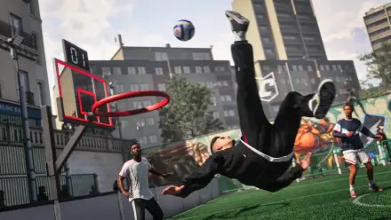 4K Ultra HD PC wallpaper: EA SPORTS FC 27 video game — high-flying acrobatic play on an urban outdoor basketball court, player mid-air near rim with ball above.