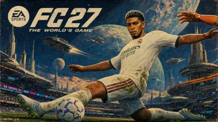 EA SPORTS FC 27 cover art: dynamic 4K Ultra HD PC desktop wallpaper of a soccer player sliding for a ball in a futuristic stadium — video game soccer background.