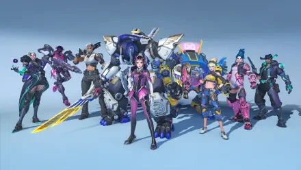 Overwatch video game 4K Ultra HD PC desktop wallpaper: a lineup of colorful heroes with D.Va and her mech at center, posed against a pale blue background.