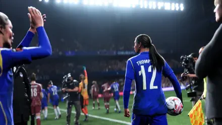 4K Ultra HD PC desktop wallpaper of the EA SPORTS FC 27 video game soccer athlete (#12) walking onto a floodlit stadium pitch with teammates and cameras.