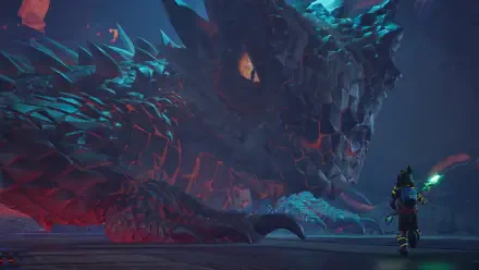 4K Ultra HD PC desktop wallpaper: towering dragon-like monster from Grounded 2 looms over a tiny armored player wielding a glowing weapon in a dark, bioluminescent cavern.