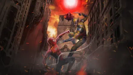5K Ultra HD PC desktop wallpaper: Avengers: Doomsday — Spider-Man and Thor clash in a burning, ruined city canyon beneath a glowing red sun, dramatic Avengers action scene.