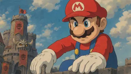 2K Quad HD PC desktop wallpaper of Mario (Character) from Nintendo: close-up of him in his red cap and gloves leaning on a stone wall with a castle and blue sky behind.