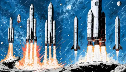 4K Ultra HD PC wallpaper showing multiple SpaceX rockets and spacecraft launching into a starry blue sky, fiery plumes lighting a rocky launchpad.