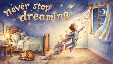 4K Ultra HD PC desktop wallpaper: never stop dreaming across a starry sky, a girl in pajamas leaps from her bed toward a star-filled window while a cat sleeps nearby.