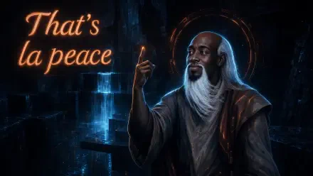 La Peace (meme) 4K Ultra HD PC desktop wallpaper: wise bearded sage in a dark futuristic chamber raising a finger, neon That's la peace text.