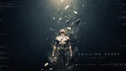 4K Ultra HD PC desktop wallpaper shows a superhero man falling apart, his body cracking into shards and debris as he drifts in a dark, atmospheric void.