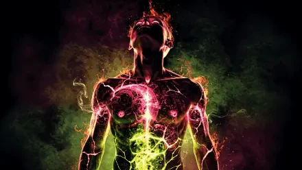 Silhouette of a human figure crackling with neon pink and green energy veins, glowing chest and head; 4K Ultra HD PC desktop wallpaper and background.