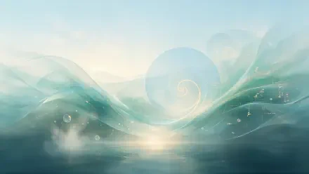 Abstract 4K Ultra HD PC desktop wallpaper: serene water wave with peaceful energy, soft teal swirls and a glowing orb reflecting across a calm sea background.