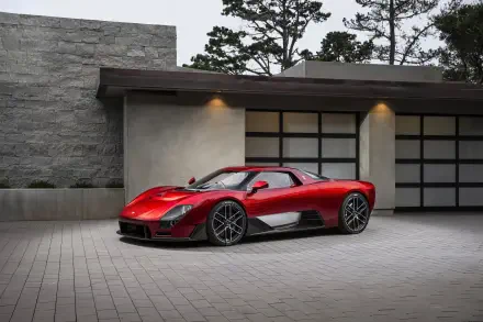 Red McLaren McL 6GT sports supercar parked in front of a modern garage; 8K Ultra HD PC desktop wallpaper and background.