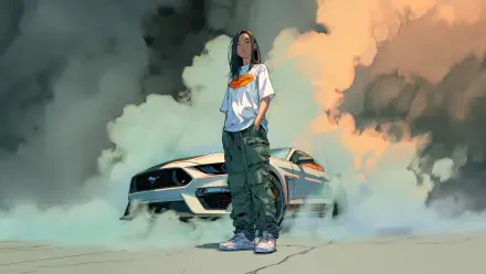 Digital Art 5K Ultra HD PC wallpaper: a girl in cargo pants stands amid billowing smoke in front of a sports car under dramatic clouds.