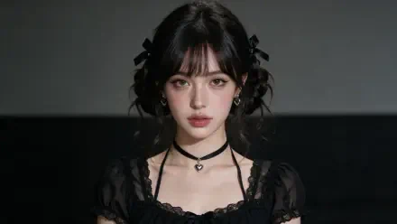 Dark coquette portrait of a woman in black lace dress, heart choker and ribboned pigtails — 2K Quad HD PC desktop wallpaper/background.