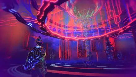 4K Ultra HD PC desktop wallpaper background from ETRE (Video Game): neon cyberpunk scene — futuristic chamber with glowing pillars, holographic tree and armored figures.