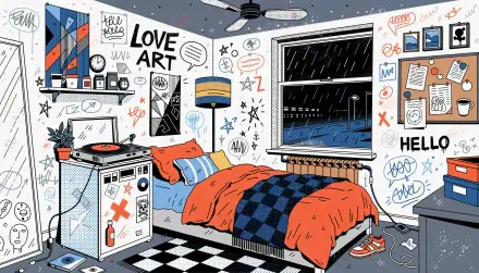 Aesthetic bedroom interior with graffiti wall art, colorful bed and records, checkered floor and rainy window — stylized 4K Ultra HD PC desktop wallpaper and background.
