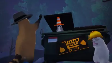 4K Ultra HD PC desktop wallpaper/background from video game Dumpster Gang: raccoon in fedora, hard‑hat cat and cone‑capped animal gathered around a graffiti‑covered dumpster/trash can at night.