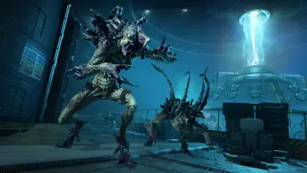 HD PC desktop wallpaper/background from the video game Alien Deathstorm: two towering alien monsters/beasts rampage inside a dim sci-fi facility beneath a glowing energy pillar.