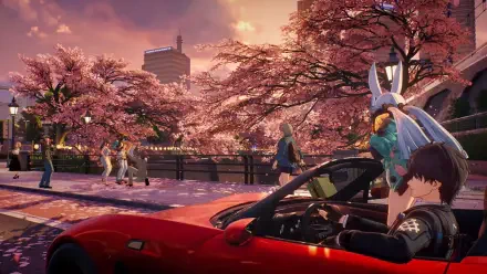 HD PC desktop wallpaper — anime-style scene from the video game Ananta: characters beside a red sports car under blooming cherry blossoms at sunset.