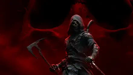 Mortal Shell II video game 4K Ultra HD PC desktop wallpaper and background: hooded skeletal warrior in dark armor wielding a poleaxe and sword against a blood-red smoky backdrop.