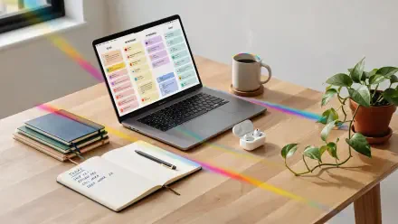 4K Ultra HD PC desktop wallpaper: productivity workspace with laptop displaying a colorful planner, notebook with pen, stacked journals, coffee mug and potted plant on a wooden desk.
